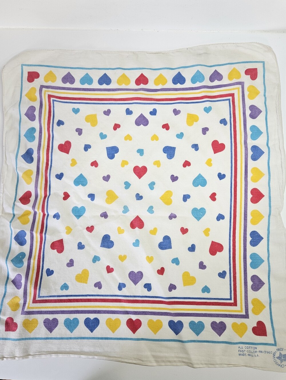 VINTAGE Fast Color Rainbow Multicolor Hearts Square Bandana USA 21" x 21"